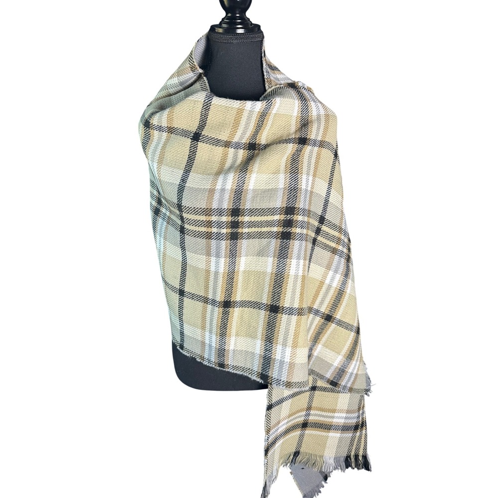 Mud Pie Plaid Scarf Wrap Shawl‎ One Size Acrylic Beige Black White Tan